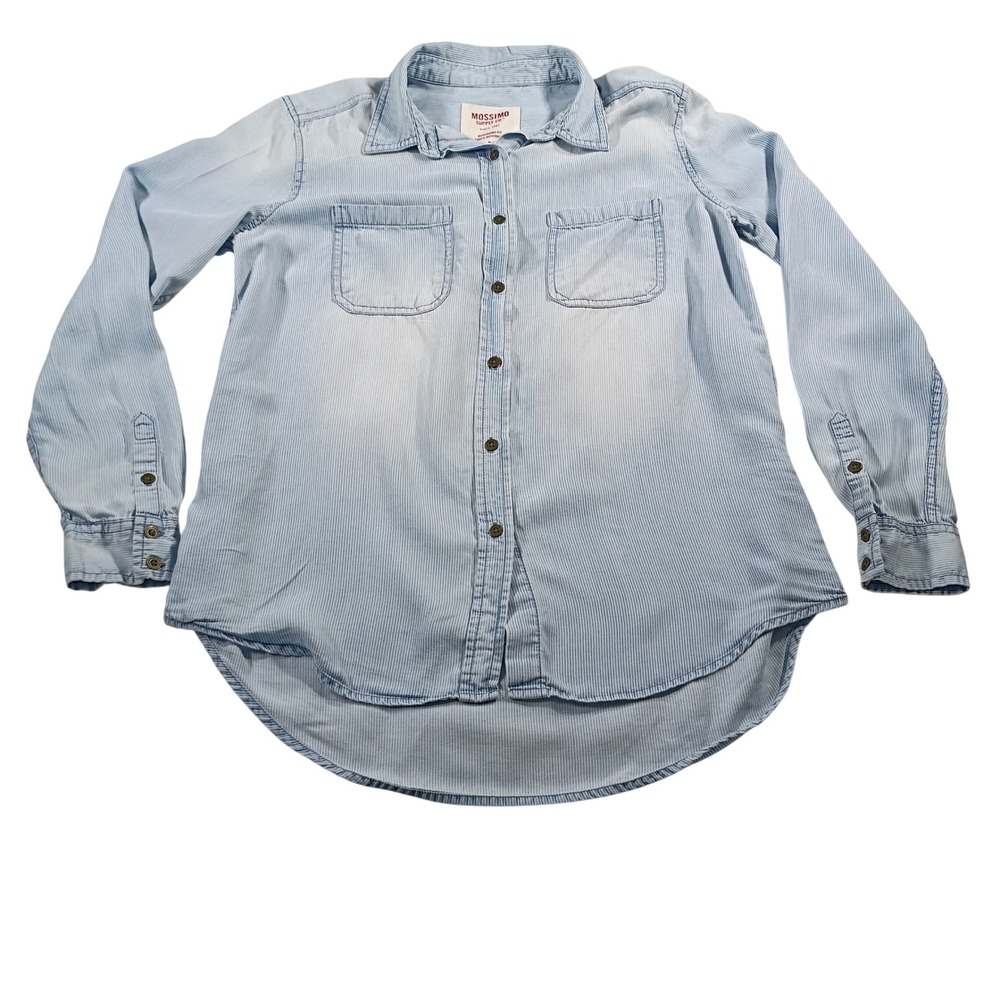 Mossimo Button Down Shirt Womens Medium Blue Pinstripe Lyocell Boyfriend Fit